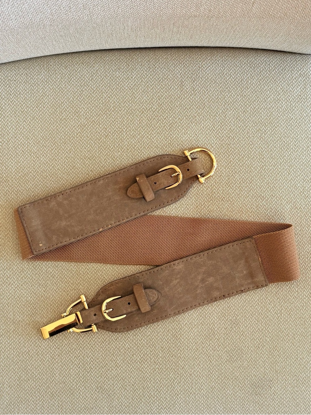 Wide Brown Suede Elastic Belt with Gold Hardware